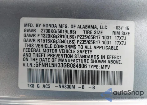 2016 Honda Odyssey Se z USA, uszkodzony, nr VIN 5FNRL5H33GB084806
